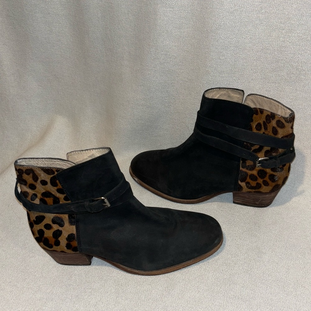 BODEN women’s black leather and cheetah heeled ankle boot size 39